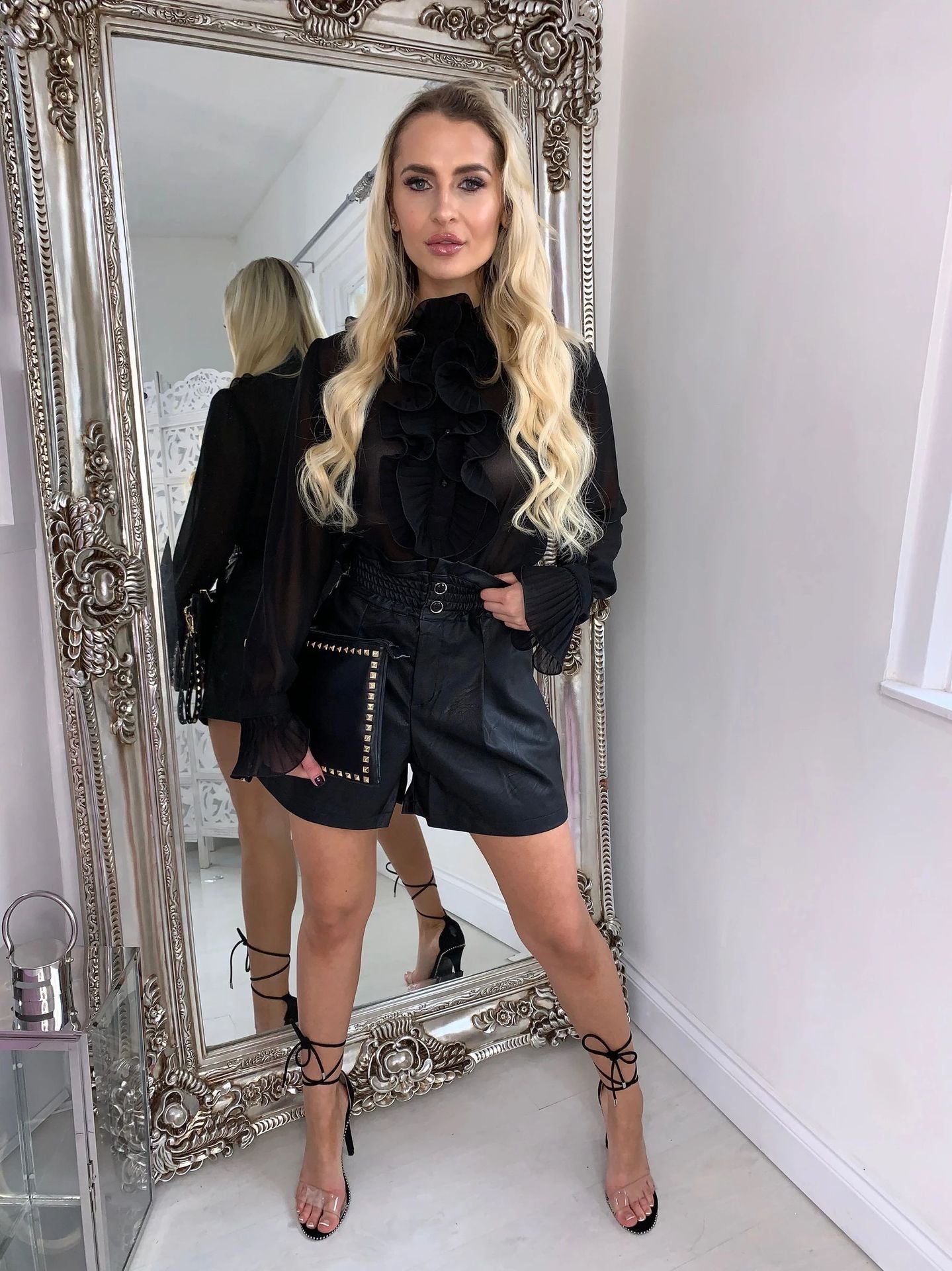 Women Ruffled Frill Flared Sleeve Blouse