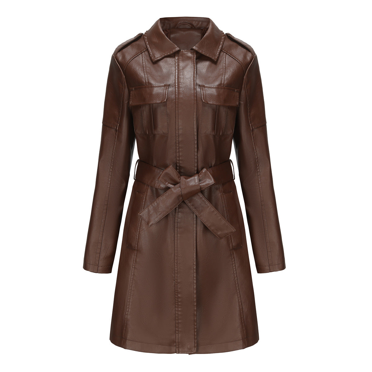 Women's Long Sleeve Leather Trench Coat Fashion British Jacket