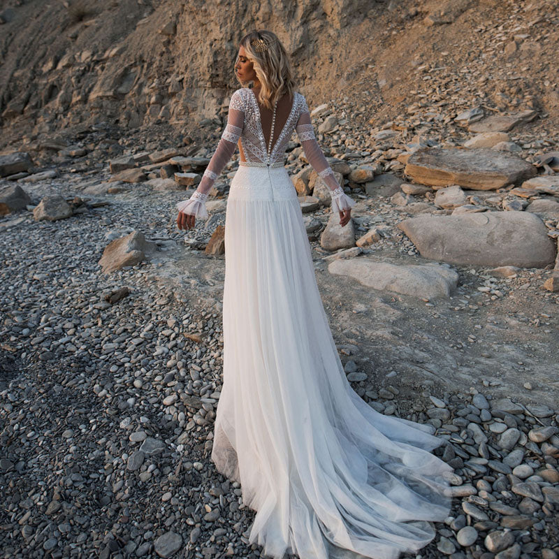 V-Neck Plunge Long Sleeve Lace Beach Wedding Dresses – byshoppy