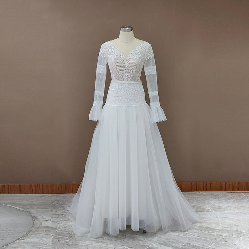 V-Neck Plunge Long Sleeve Lace Beach Wedding Dresses