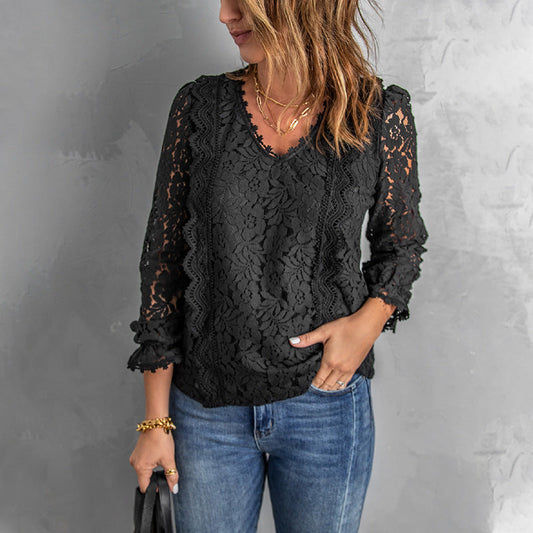 Women's Black Lace Top V-neck Casual T-shirt
