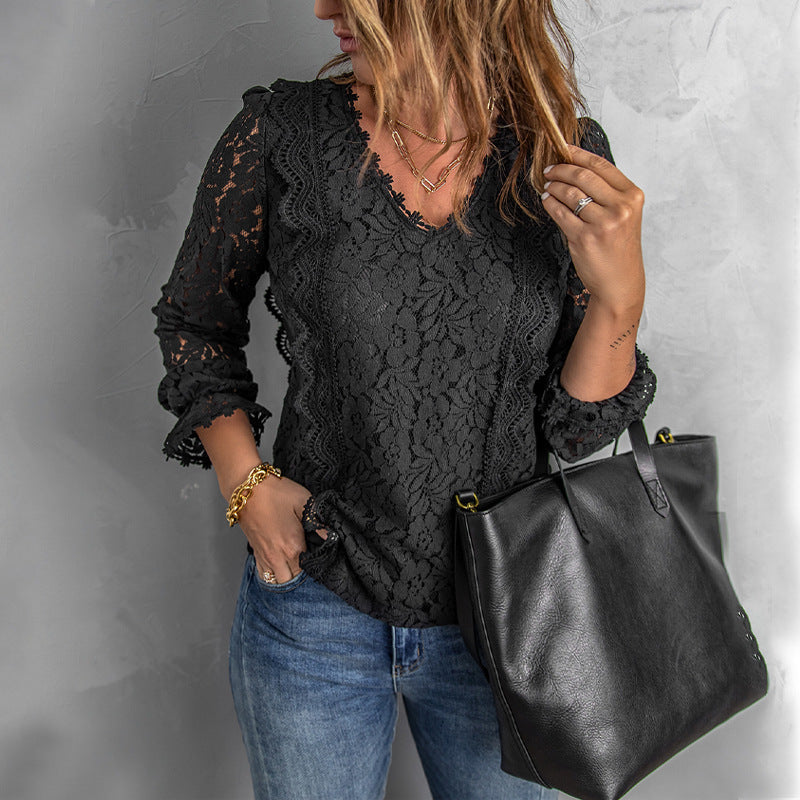 Women's Black Lace Top V-neck Casual T-shirt