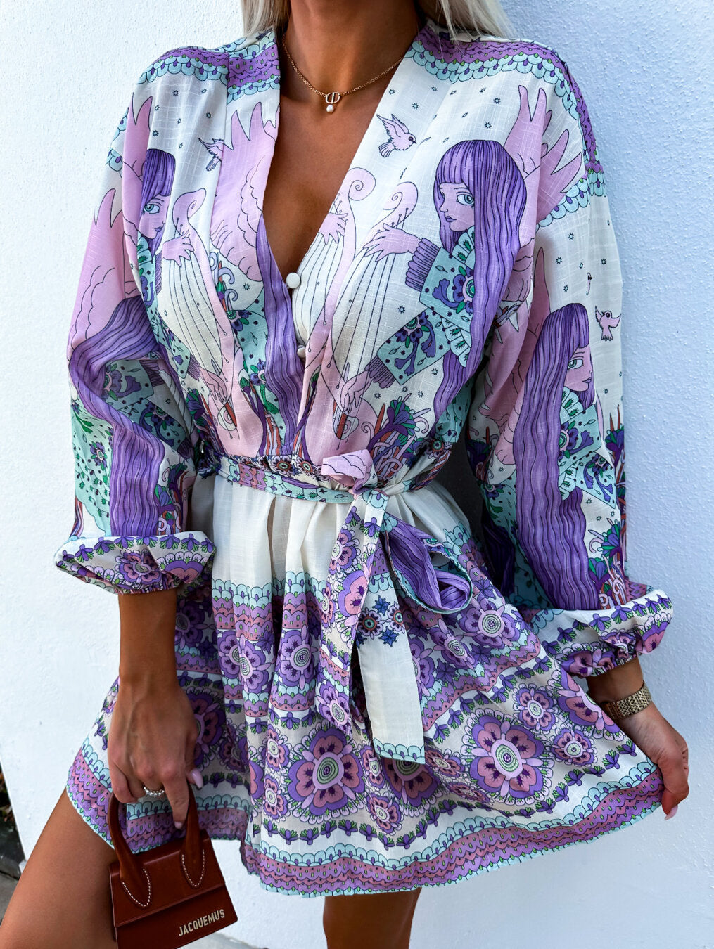 Women's V-Neck Long-Sleeved Printed Mini Dress