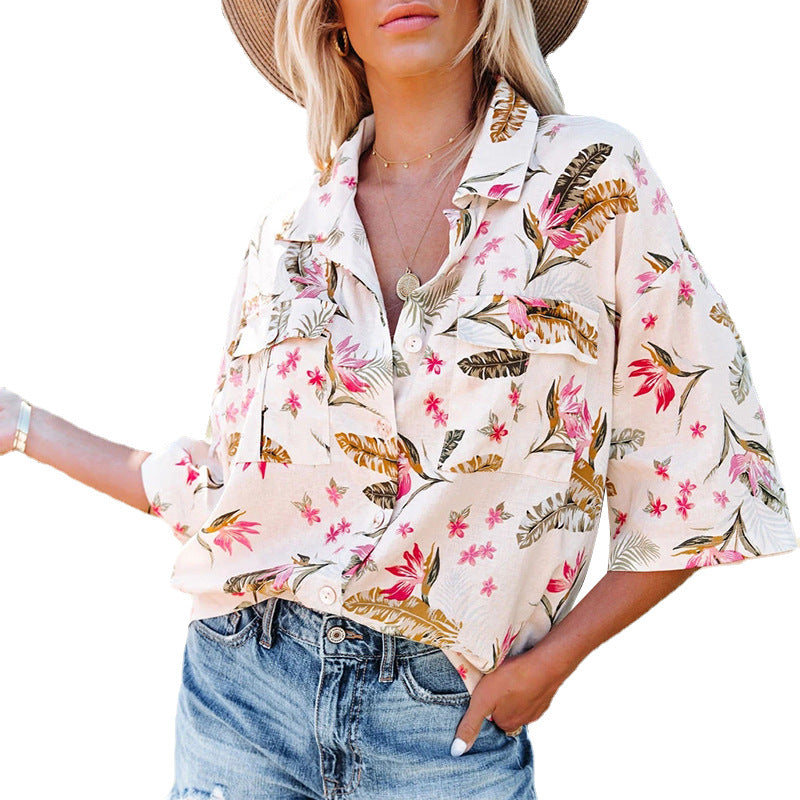 Summer Holiday Plants Lapel Button Pocket Half Sleeve Loose Blouse