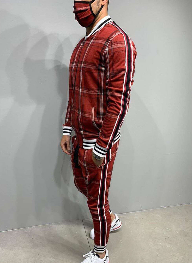 Men's Plaid Cardigan Jacket Trousers Sports Suit