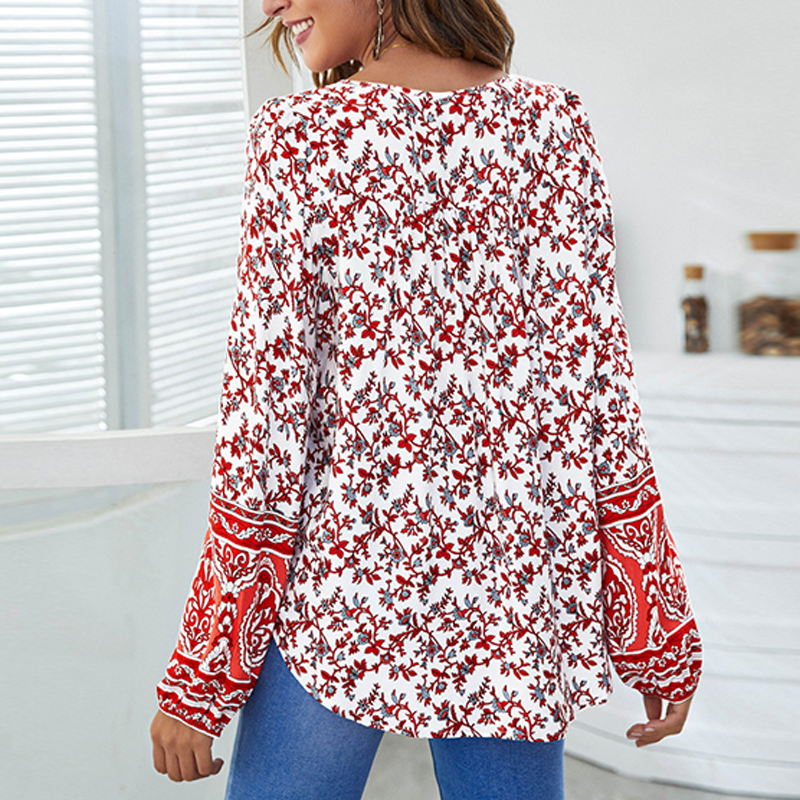 Women's V-Neck Ethnic Print Long Sleeves Blouses