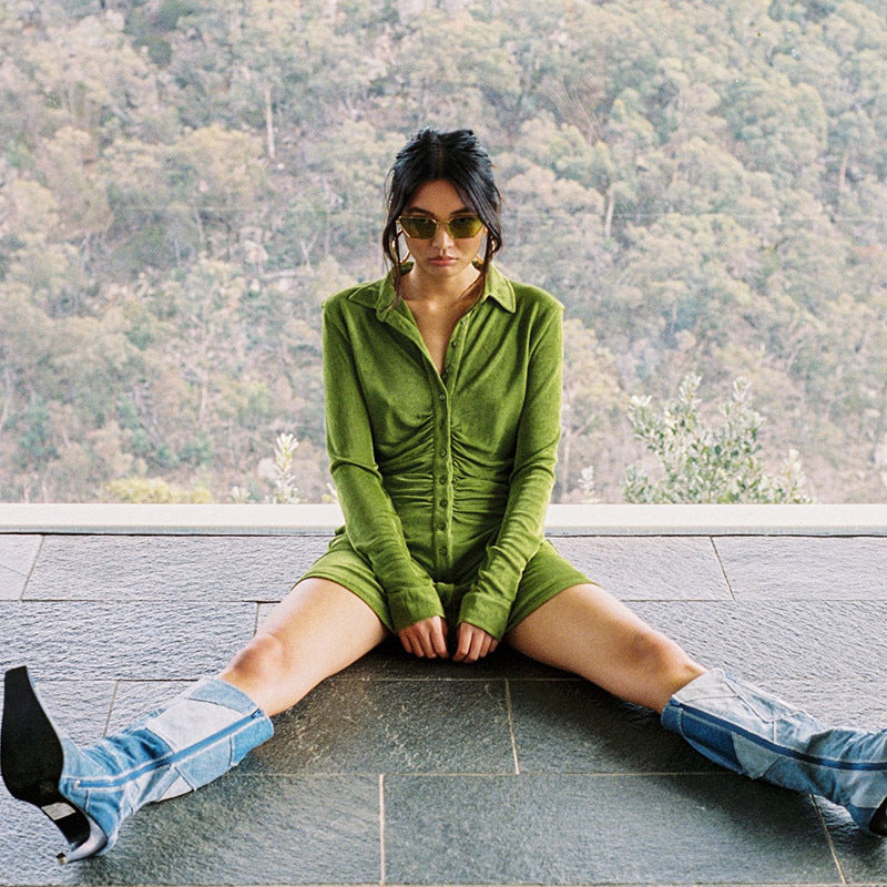 Women Sexy Shirt Dress Pleated Slim Shirt