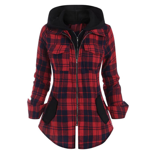 Women's Zipper Plaid Pocket Hooded Shirt Jacket Red
