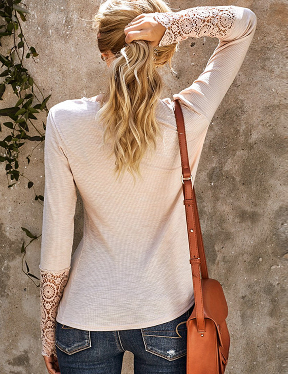 Women's Beige Crochet Lace Hem Sleeve Button Blouse