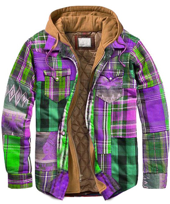 Men's Coat Casual Multicolor Stitching Thick Plaid Hooded Jacket
