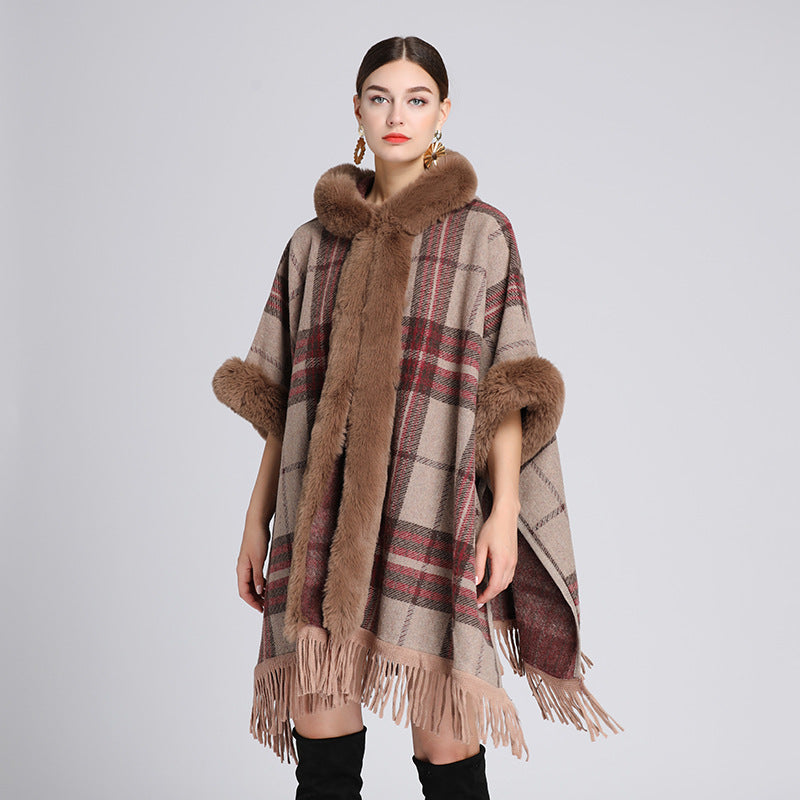 Draped Shawl Collar Cape Jacket with Fur Trim - Black main image 1
