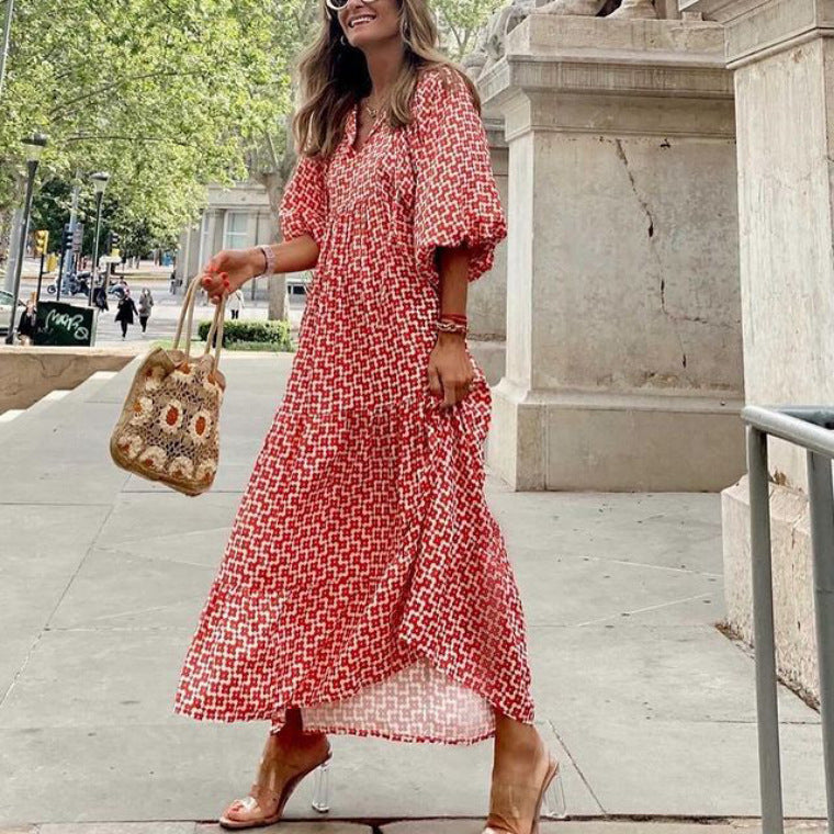 Spring Summer Women's O Neck Long Sleeves Maxi Dresses
