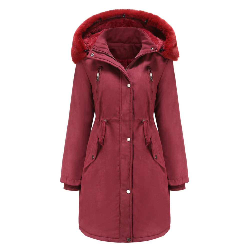 Women's Suede Padded Detachable Hat Large Fur Collar Jacket
