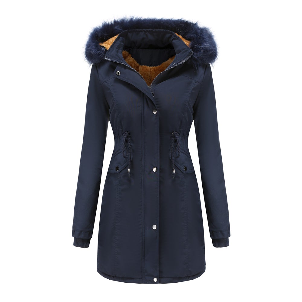 Women's Cotton Padded Detachable Hat Large Fur Collar Coat