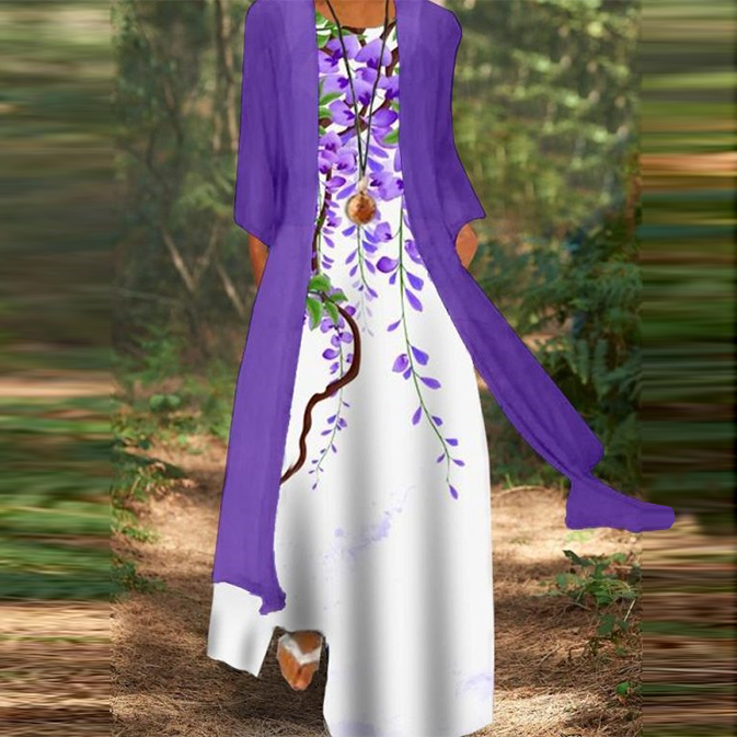 Women's Elegant Round Neck Two Piece Long Sleeve Floral Print Maxi Dress