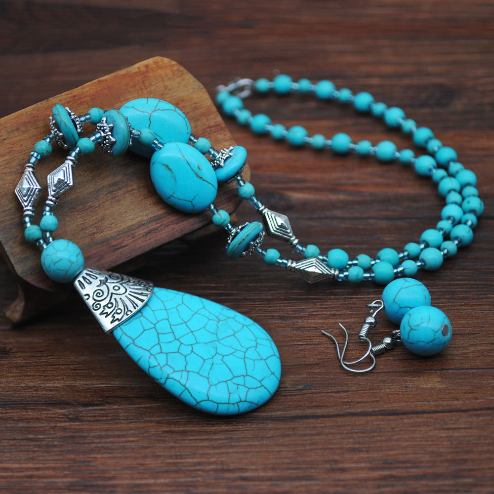 Women's Vintage Turquoise Jewelry Cowboy Style Necklace Earrings Ring Bracelet Set
