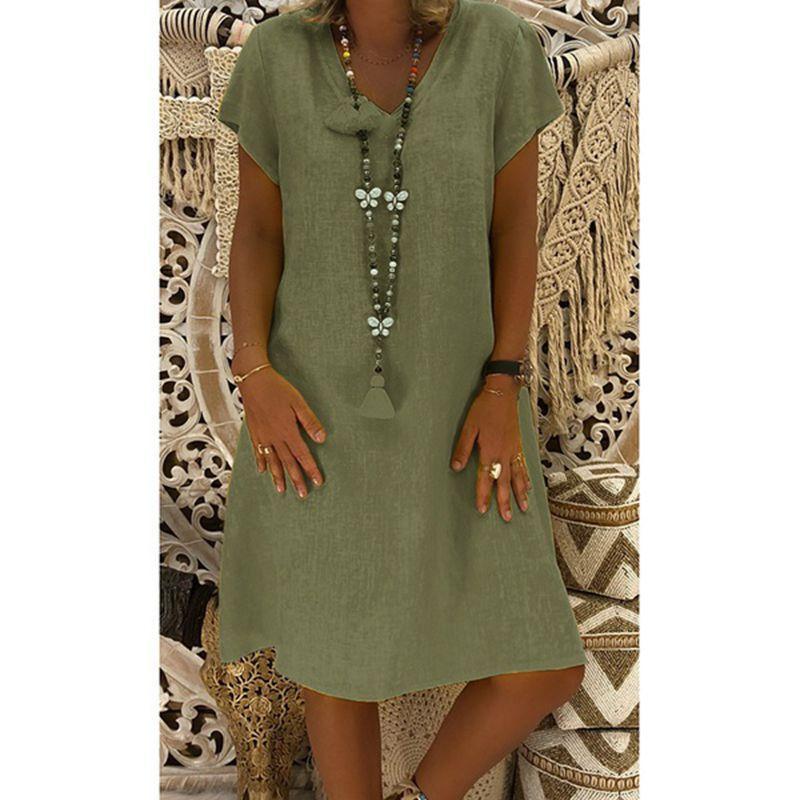 Women's V-neck Solid Casual Dress Loose Dress