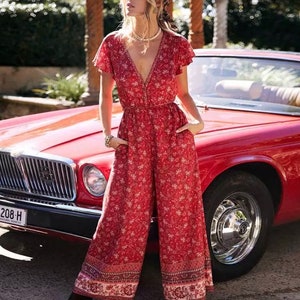 Women Vintage Jumpsuit Boho Print Beach Jumpsuit Set