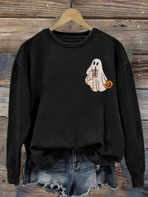 Women's Iced Coffee Ghoul Halloween Print Casual Sweatshirt