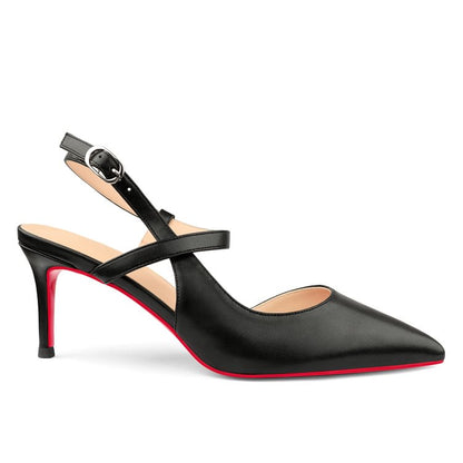 65mm Women Slingback Pumps Ankle Strap Jenlove Stiletto Pointed Toe Dress Red Bottoms Matte Heels Shoes