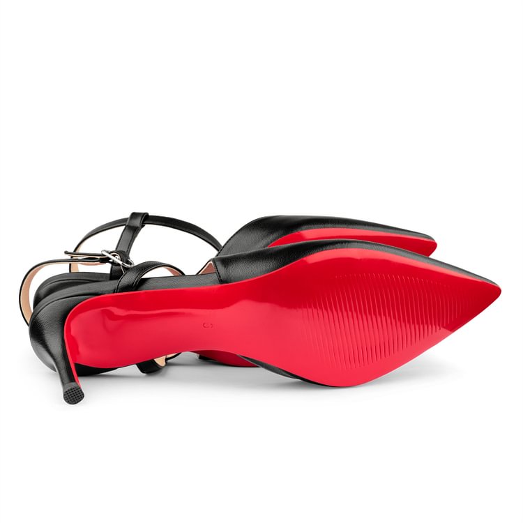 65mm Women Slingback Pumps Ankle Strap Jenlove Stiletto Pointed Toe Dress Red Bottoms Matte Heels Shoes