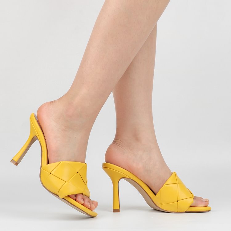 90mm Women's Square Open Toe Sandals Stiletto Heeled Woven Mule Sandals Quilted Backless Classic Daily Slippers