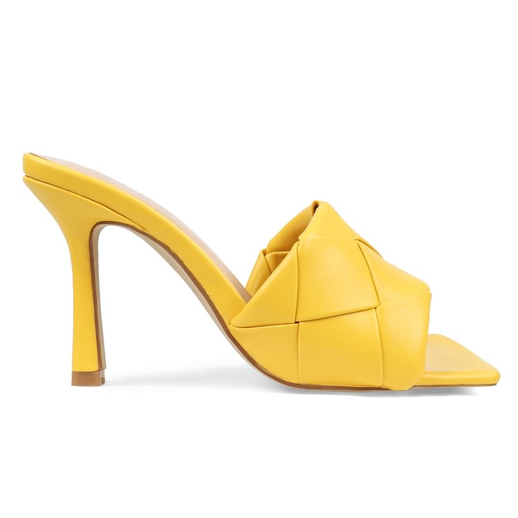 90mm Women's Square Open Toe Sandals Stiletto Heeled Woven Mule Sandals Quilted Backless Classic Daily Slippers