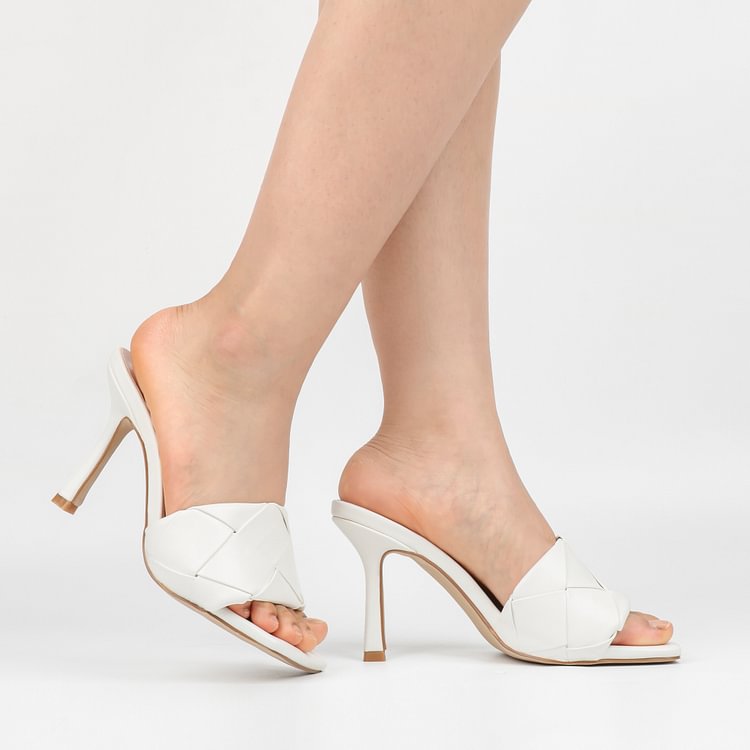 90mm Women's Square Open Toe Sandals Stiletto Heeled Woven Mule Sandals Quilted Backless Classic Daily Slippers