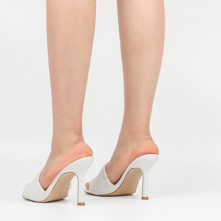 90mm Women's Square Open Toe Sandals Stiletto Heeled Woven Mule Sandals Quilted Backless Classic Daily Slippers