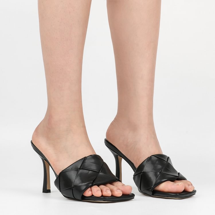 90mm Women's Square Open Toe Sandals Stiletto Heeled Woven Mule Sandals Quilted Backless Classic Daily Slippers