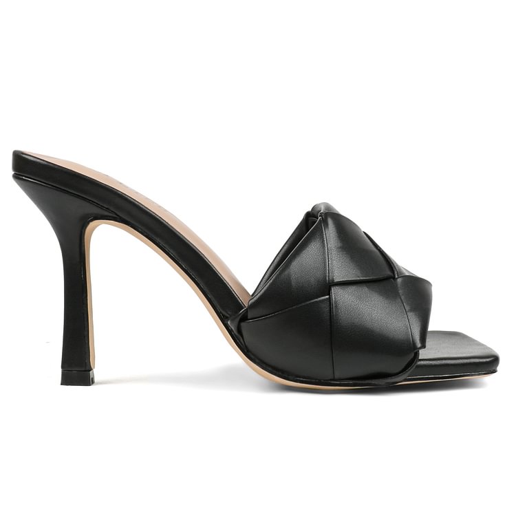 90mm Women's Square Open Toe Sandals Stiletto Heeled Woven Mule Sandals Quilted Backless Classic Daily Slippers