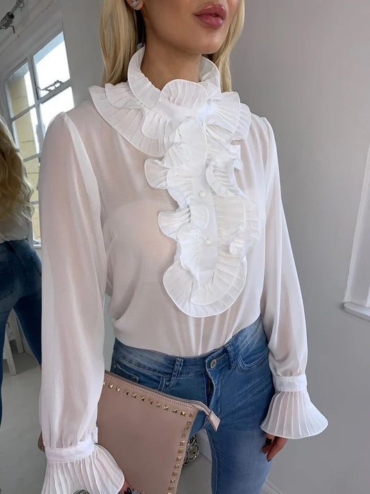 Women Ruffled Frill Flared Sleeve Blouse
