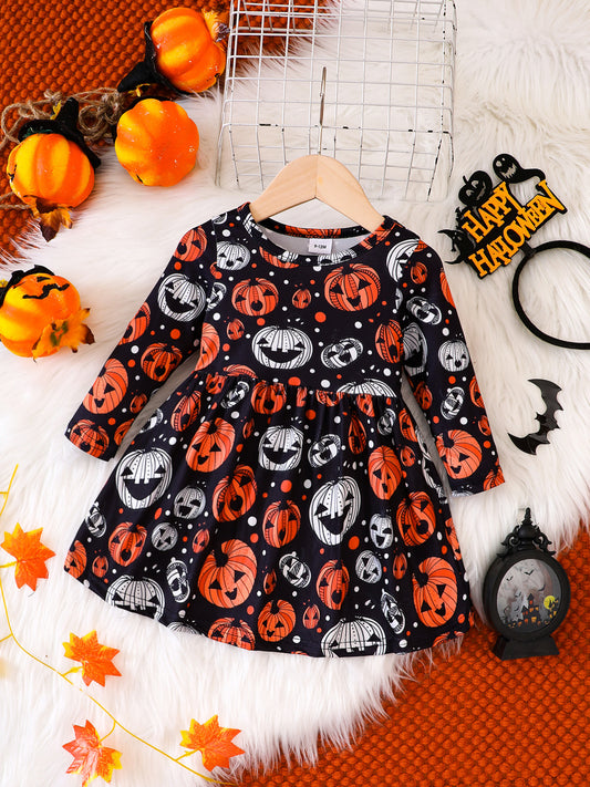 Baby Halloween Pumpkin Print Long Sleeve Crewneck Dress