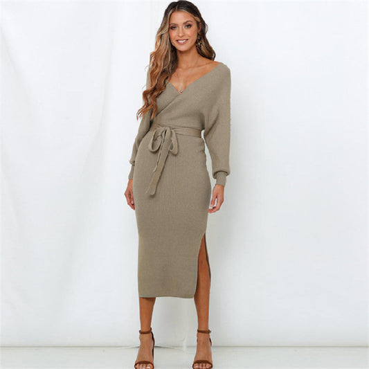 Women V Neck Knitted Midi Dress