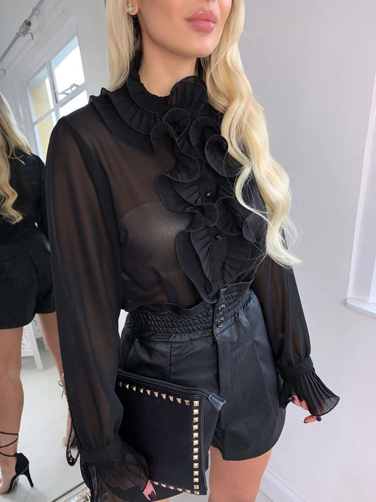 Women Ruffled Frill Flared Sleeve Blouse