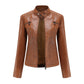 Ladies Lapel Slim Solid Color Leather Jacket
