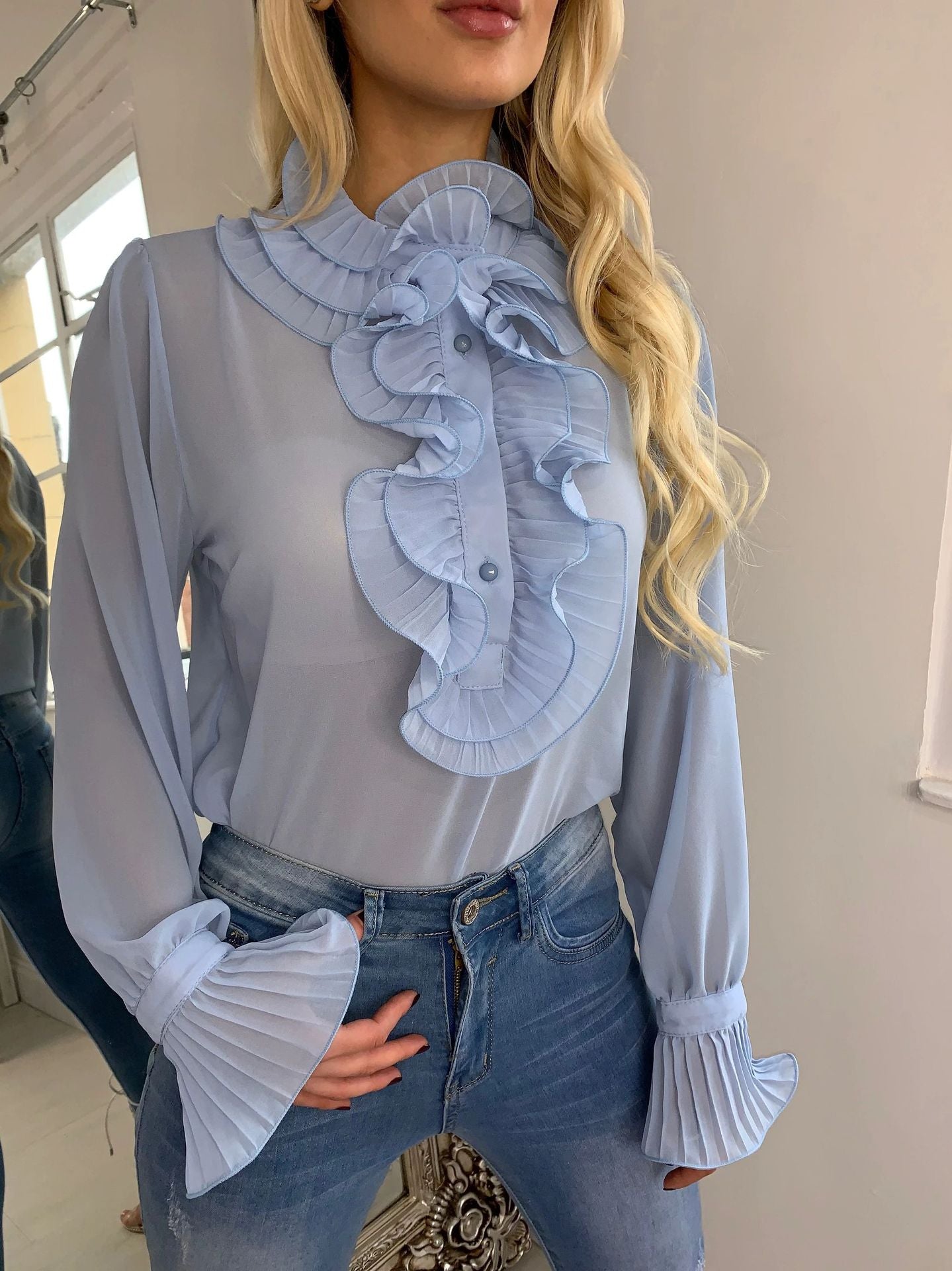 Colorful Ruffled Sleeves Women Ruffled Frill Flared Sleeve Blouse – byshoppy
