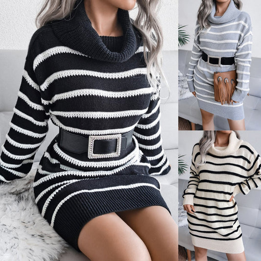 High Neck Striped Knitted Sweater Dress