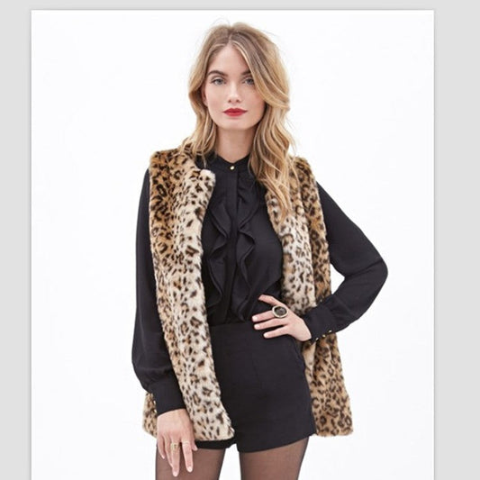 Woman Leopard Print Faux Fur Vest Jacket