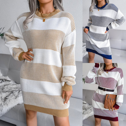 Women's Loose Striped Sweater Dress Knitted Dress