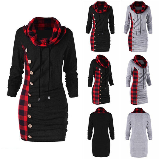 High-Neck Slim Plaid cCasual Dress Top