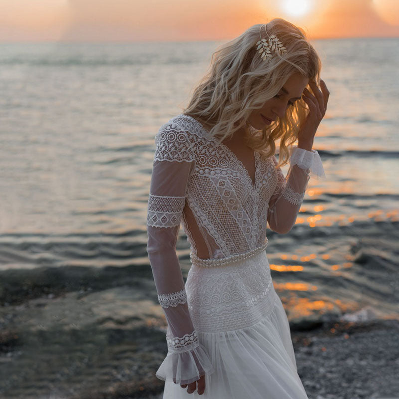 V-Neck Plunge Long Sleeve Lace Beach Wedding Dresses – byshoppy