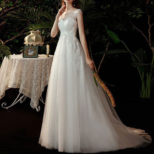 Floor Length Short Sleeve AAppliques Church Wedding Dress