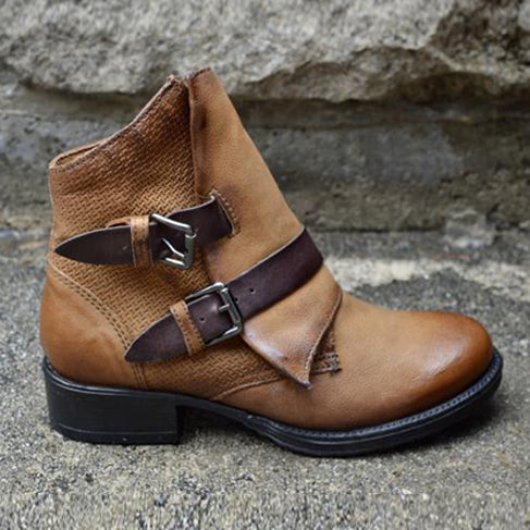 Low Heel Round Toe Belt Buckle Women's Low Boots