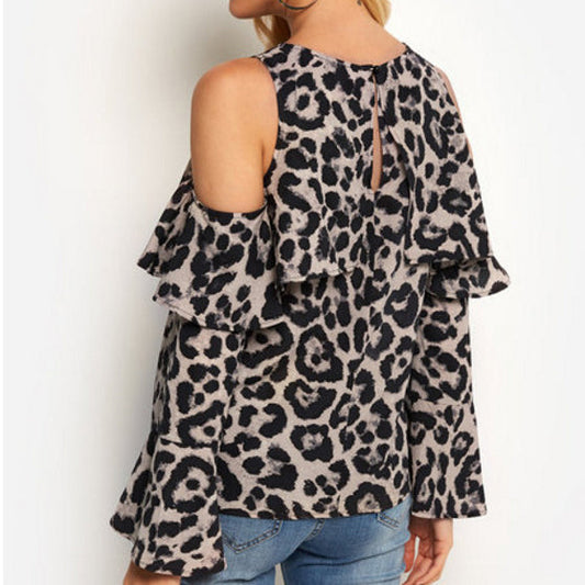 Women's Off Shoulder Long Sleeves Leopard Print Blouses