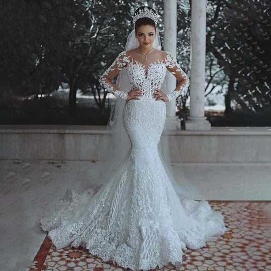 Mermaid Long Sleeve Perspective Sweetheart Long Lace Wedding Dress