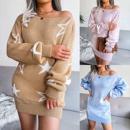 Star Embroidered One-neck Off-the-shoulder Sweater Dress