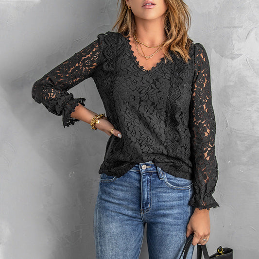 Women's Black Lace Top V-neck Casual T-shirt