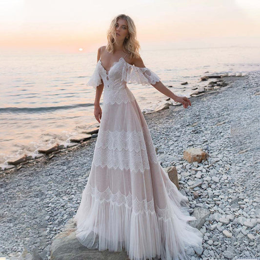 Floor Length Off The Shoulder Ball Gown Short Sleeves Outdoor Wedding Dresses