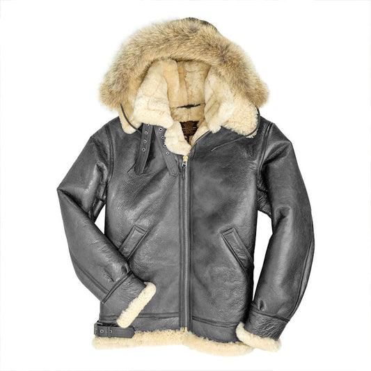 Men's Hooded Jacket Lapel and Velvet Slim Leather Jacket